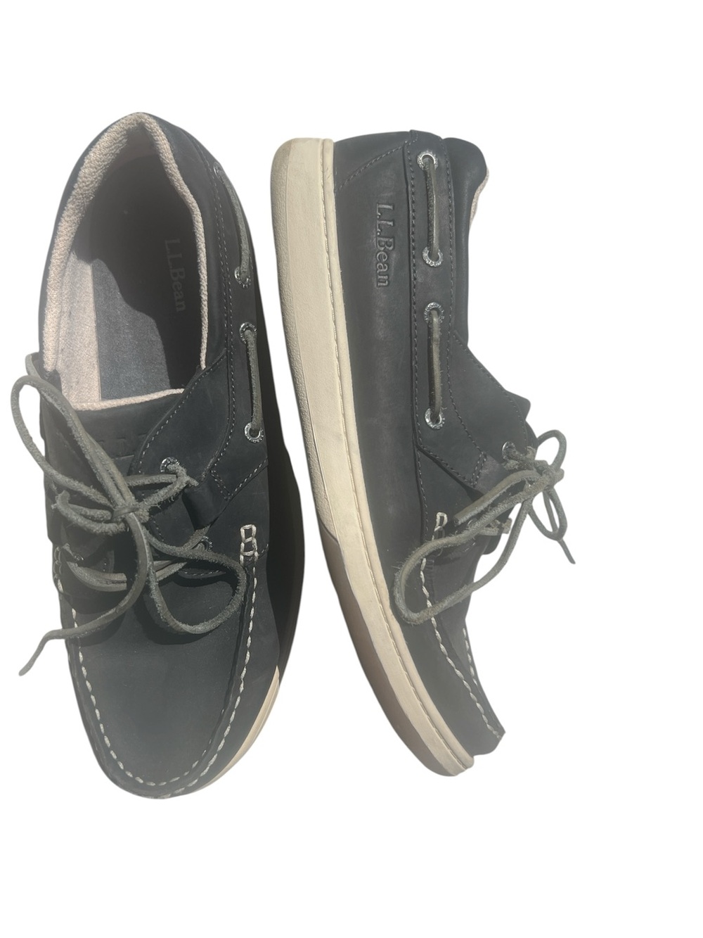L.L. Bean Men's Black Leather Boat Shoes with White Sole